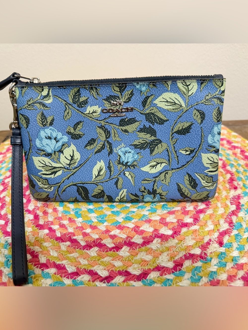 Coach Silver Slate Blue Slipping Rose Floral Print Wristlet Wallet